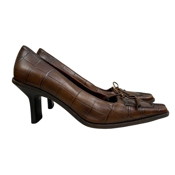 Fratelli Rossetti Pump Heel Brown Leather‎ Embossed Square Toe Women Sz EUR 38.5 - Picture 1 of 16